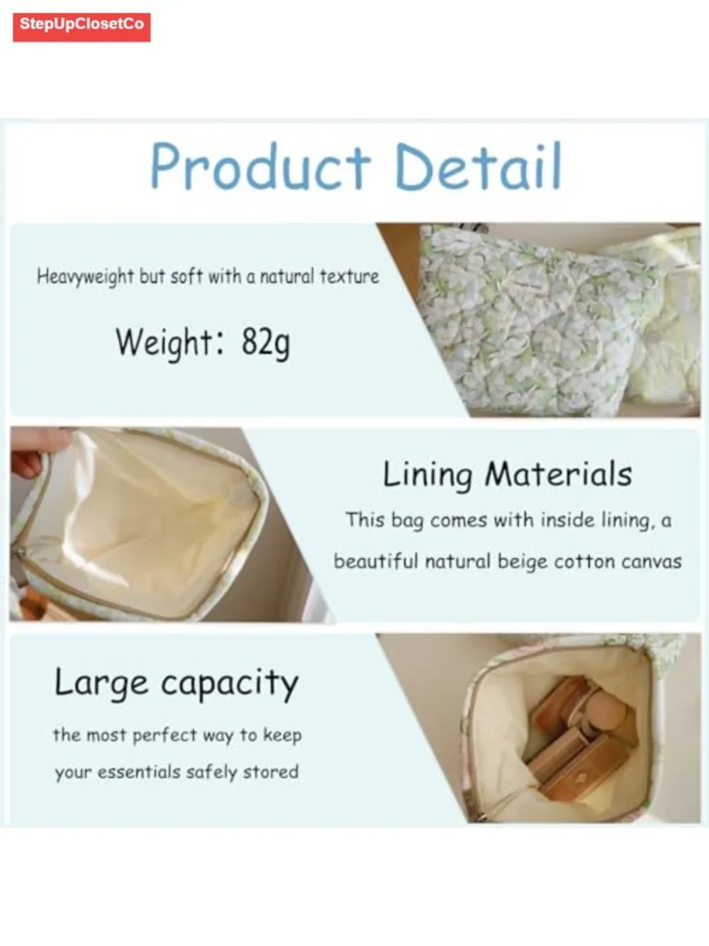 Quilted Floral Cotton Makeup Pouch Cosmetic Bag Organizer for Women Girls